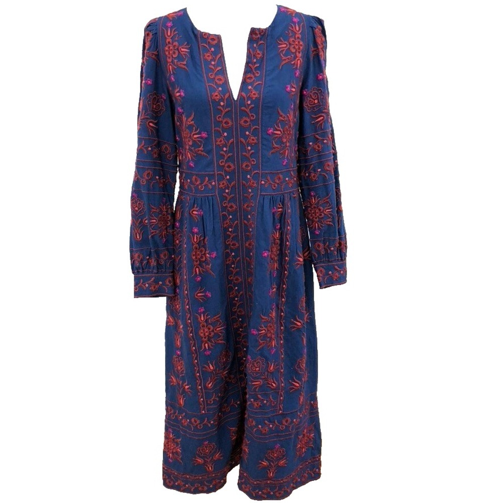SEA New York Maxi Linen Dress Womens Medium Blue Red Embroidered Long Sleeve